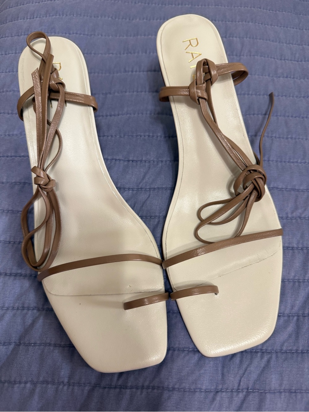 RAYE Tan Strappy Lace-Up Flat Sandals SANDIE Heels with Cream Footbed Size 10